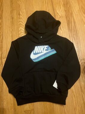 Nike Boys Black Hoodie with Blue-Teal Gradient Swoosh - 4T